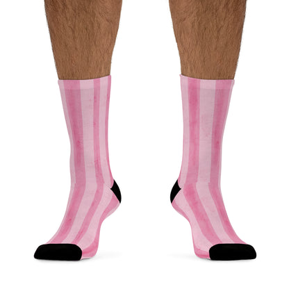 MITC 2026 Edition - Pink Striped Recycled Poly Socks — Eco-Friendly Casual Crew Socks with Tropical Patch