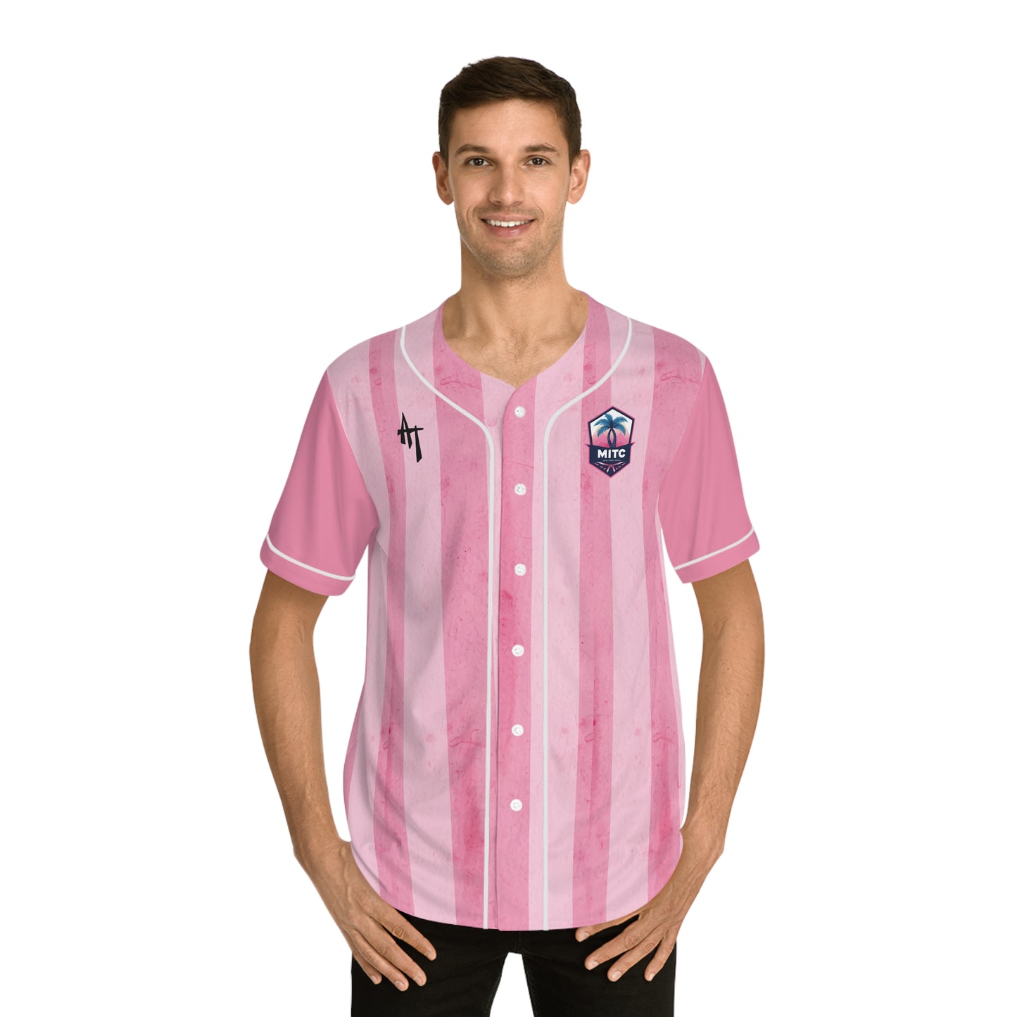 MITC 2026 Edition - Pink Striped Baseball Jersey — 'MITC' Palm Logo All-Over Print