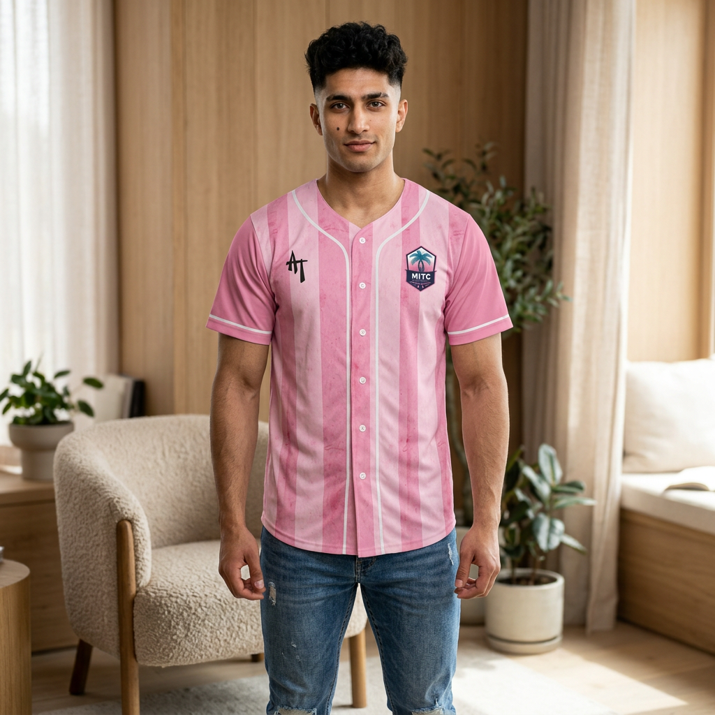 MITC 2026 Edition - Pink Striped Baseball Jersey — 'MITC' Palm Logo All-Over Print
