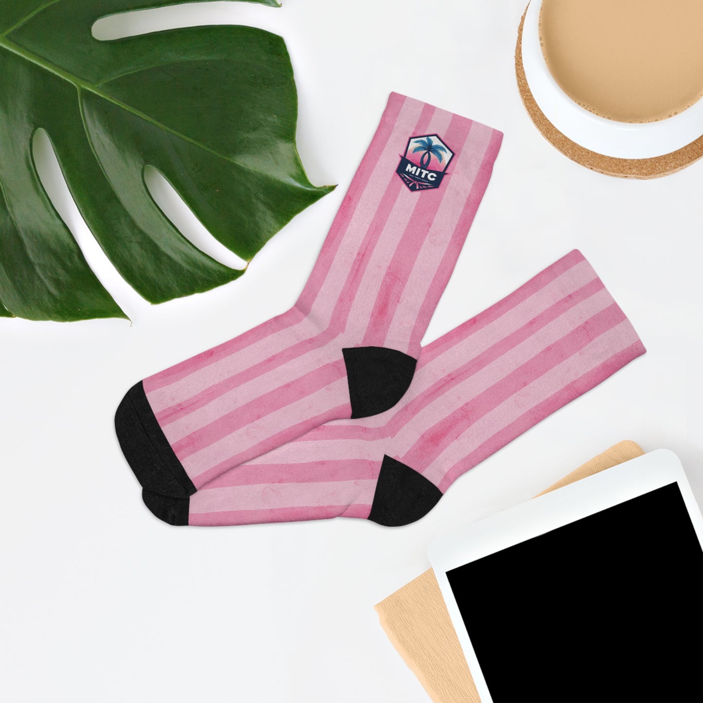 MITC 2026 Edition - Pink Striped Recycled Poly Socks — Eco-Friendly Casual Crew Socks with Tropical Patch