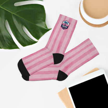 MITC 2026 Edition - Pink Striped Recycled Poly Socks — Eco-Friendly Casual Crew Socks with Tropical Patch