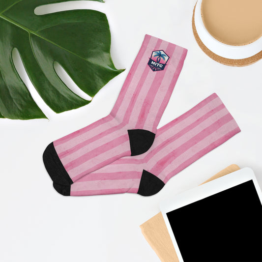 MITC 2026 Edition - Pink Striped Recycled Poly Socks — Eco-Friendly Casual Crew Socks with Tropical Patch