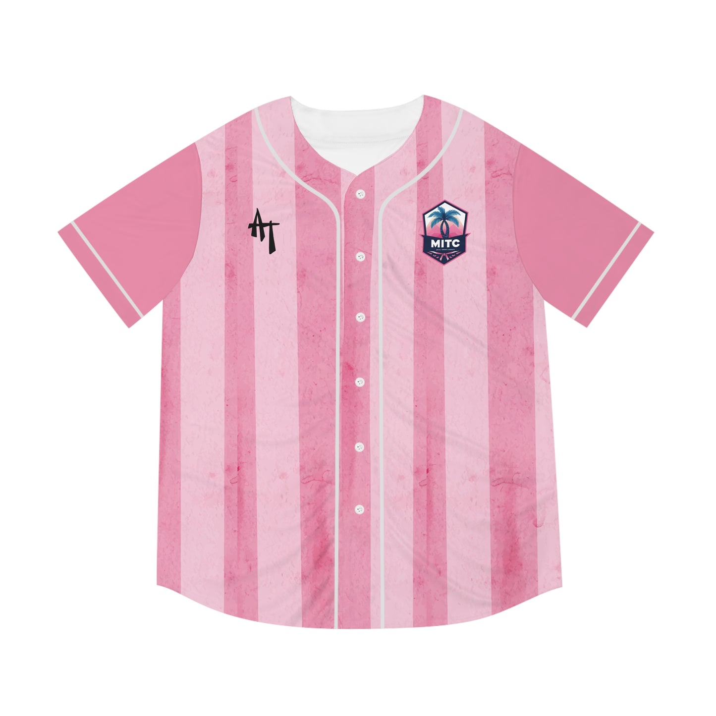 MITC 2026 Edition - Pink Striped Baseball Jersey — 'MITC' Palm Logo All-Over Print