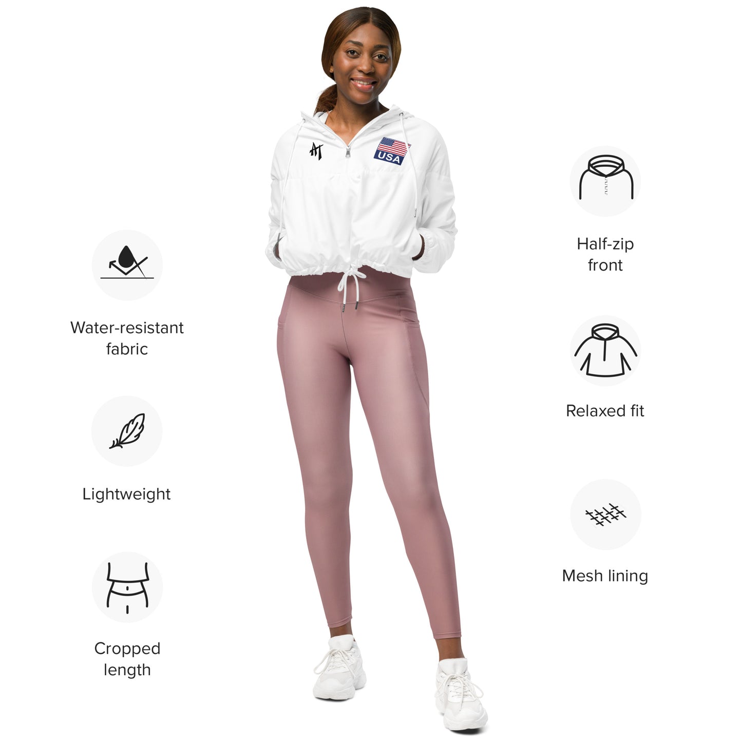 DTG Women’s cropped windbreaker: AT x USA x TORRES